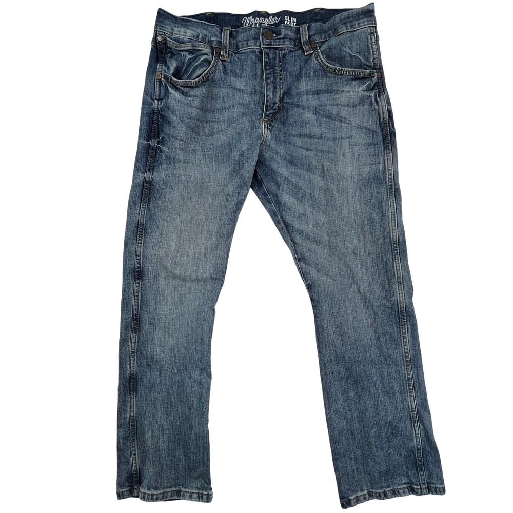 Wrangler Retro Slim Boot Jeans Mens 34x30 Blue Denim 1077MWZGL Stretch Cowboy